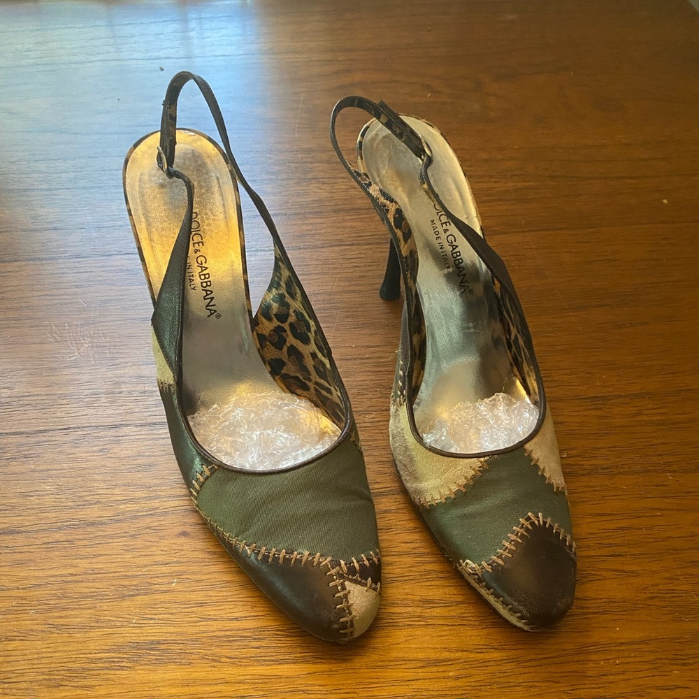 Dolce & Gabbana Patchwork Cheetah Print Slingback Heels - Picture 2 of 10